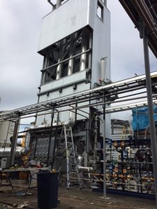 A vertical view of Carbon Engineering's Direct Air Capture infrastructure, on a cloudy BC day