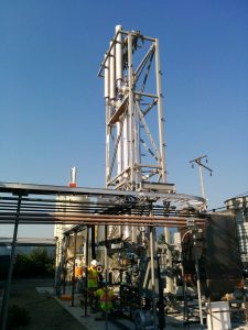 The calciner at Carbon Engineering's pilot plant in Squamish, BC, against a bright blue sky.