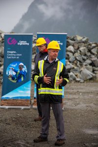 Steve Oldham, CEO of Carbon Engineering, speaks on a misty morning at Carbon Engineering's new headquarters groundbreaking.
