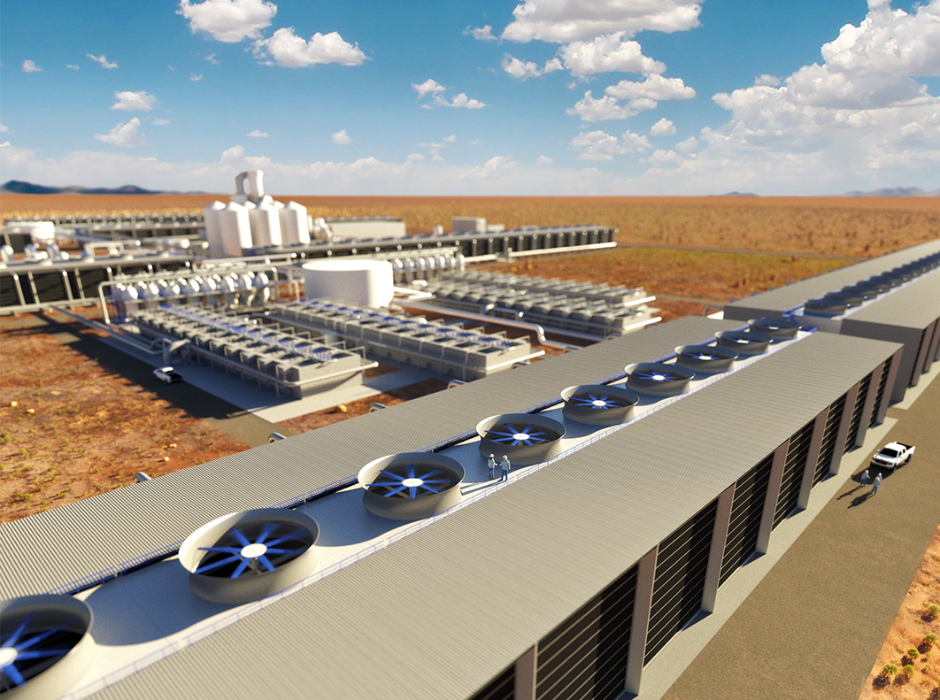 Rendering showing a 'first look' of what will be the world's largest Direct Air Capture facility, currently being engineered by Carbon Engineering and 1PointFive